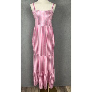 Raviya Pink & White Striped Tiered Smocked Maxi Cover Up Sleeveless Medium NWT's